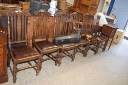 SET OF SIX LATE 19TH/EARLY 20TH CENTURY OAK SLAT BACK DINING CHAIRS WITH BROWN LEATHER UPHOLSTERED