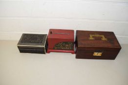 MIXED LOT : SMALL 19TH CENTURY MAHOGANY RECTANGULAR BOX WITH INSET BRASS HANDLE, ORIENTAL