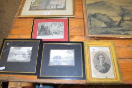 MIXED LOT: TWO SMALL PENCIL STUDIES OF COUNTRY HOUSES, A FURTHER PRINT OF AN EDINBURGH STREET SCENE,