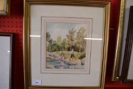 EARLY 20TH CENTURY BRITISH SCHOOL, STUDY OF TWO CHILDREN AT A RIVER, WATERCOLOUR, BEARS SIGNATURE '