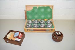 CASE OF BOULE BALLS, A SMALL BOX OF GAMES AND A GROUP OF STACKING LACQUERED BOXES