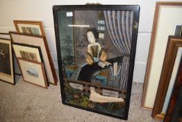 CHINESE REVERSE PAINTED ON GLASS PICTURE OF A FEMALE FIGURE READING A BOOK, DAMAGED CONDITION WITH
