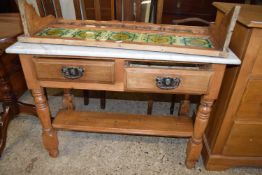 VICTORIAN MARBLE TOP AND TILE BACK WASH STAND WITH TWO FRIEZE DRAWERS, 90CM WIDE
