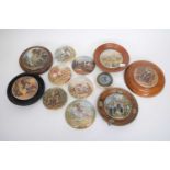 Collection of pot lids, some with wooden mounts including 'On guard', horse racing scene, HRH Prince