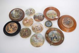 Collection of pot lids, some with wooden mounts including 'On guard', horse racing scene, HRH Prince