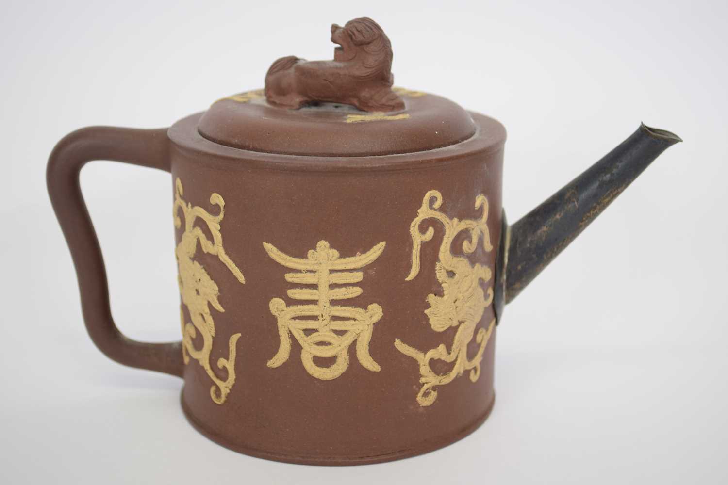 Chinese Yixing type tea pot with sprigged Chinese characters (replacement metal spout) - Image 5 of 7