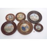 Group of pot lids in wooden frames including one of The Grand International Buildings, one of PM