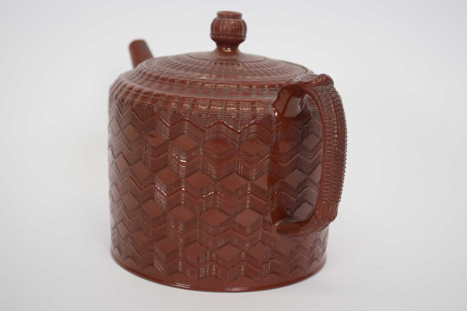 Interesting glazed red ware tea pot, possibly Miles Mason, (chips to spout) - Image 3 of 7