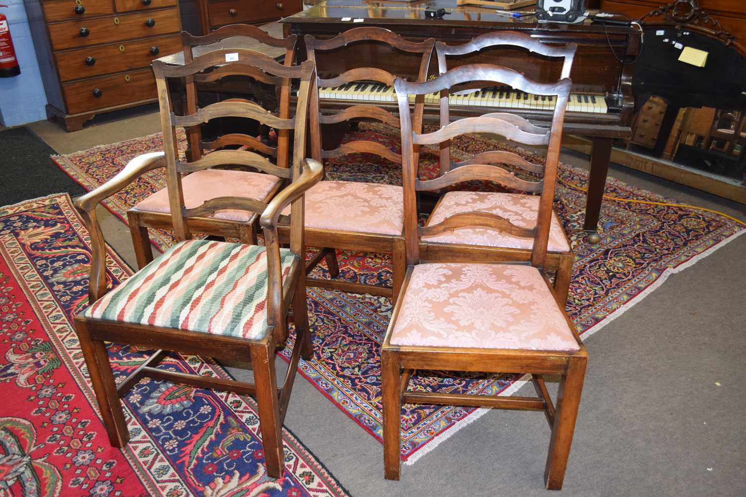 Set of five Georgian style mahogany ladderback dining chairs comprising one carver and four single - Image 2 of 3