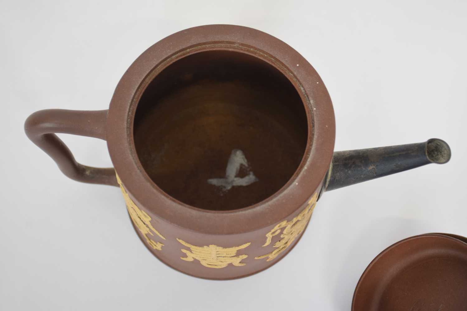 Chinese Yixing type tea pot with sprigged Chinese characters (replacement metal spout) - Image 7 of 7