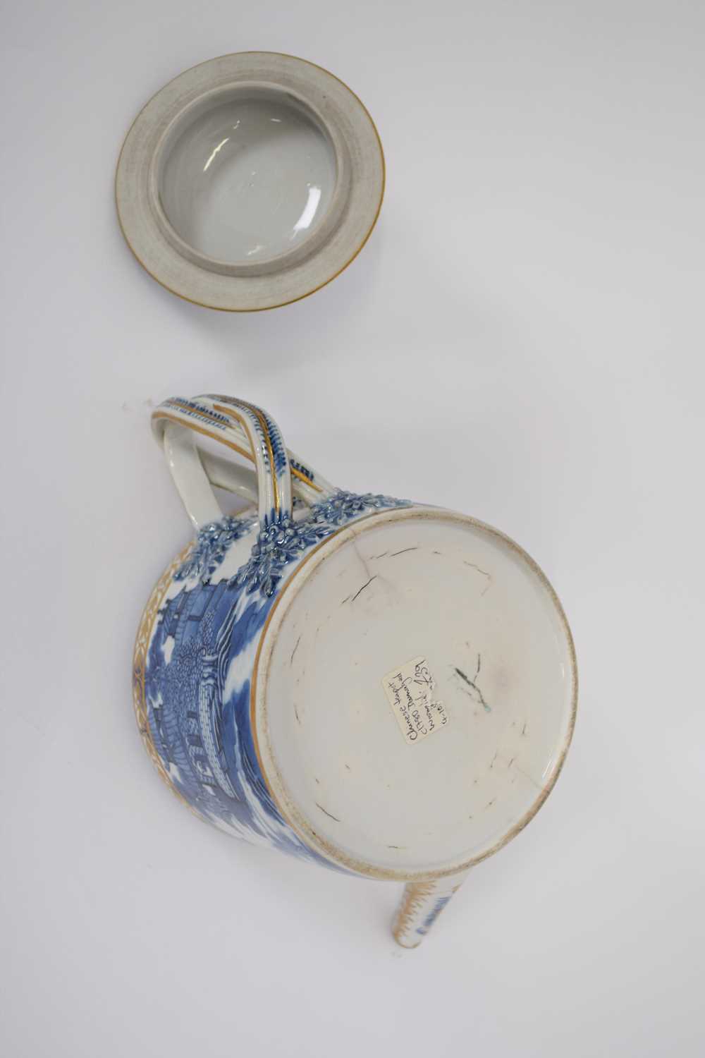 Late 18th century Chinese porcelain teapot with blue and white design and gilt overglaze - Image 2 of 8