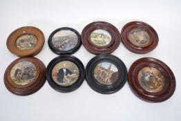 Quantity of pot lids in wooden frames including The Prince Consort, one entitled 'War', one for