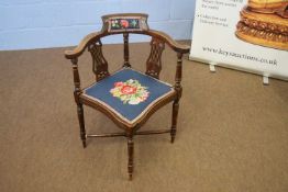 Late 19th/early 20th century hardwood corner chair with inlaid detail and tapestry seat, 61cm wide