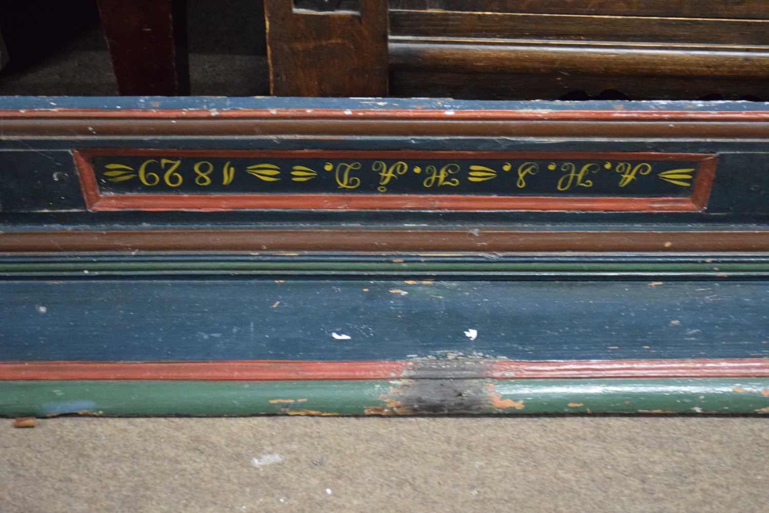 19th century Swedish folk art long painted wall shelf with bridal initials A.H.S and A.A.D dated - Image 3 of 3