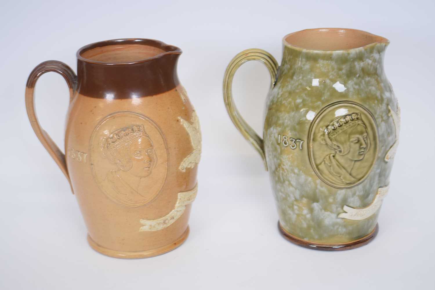 Doulton Lambeth Victorian commemorative jug together with a further green glazed example with - Image 2 of 4