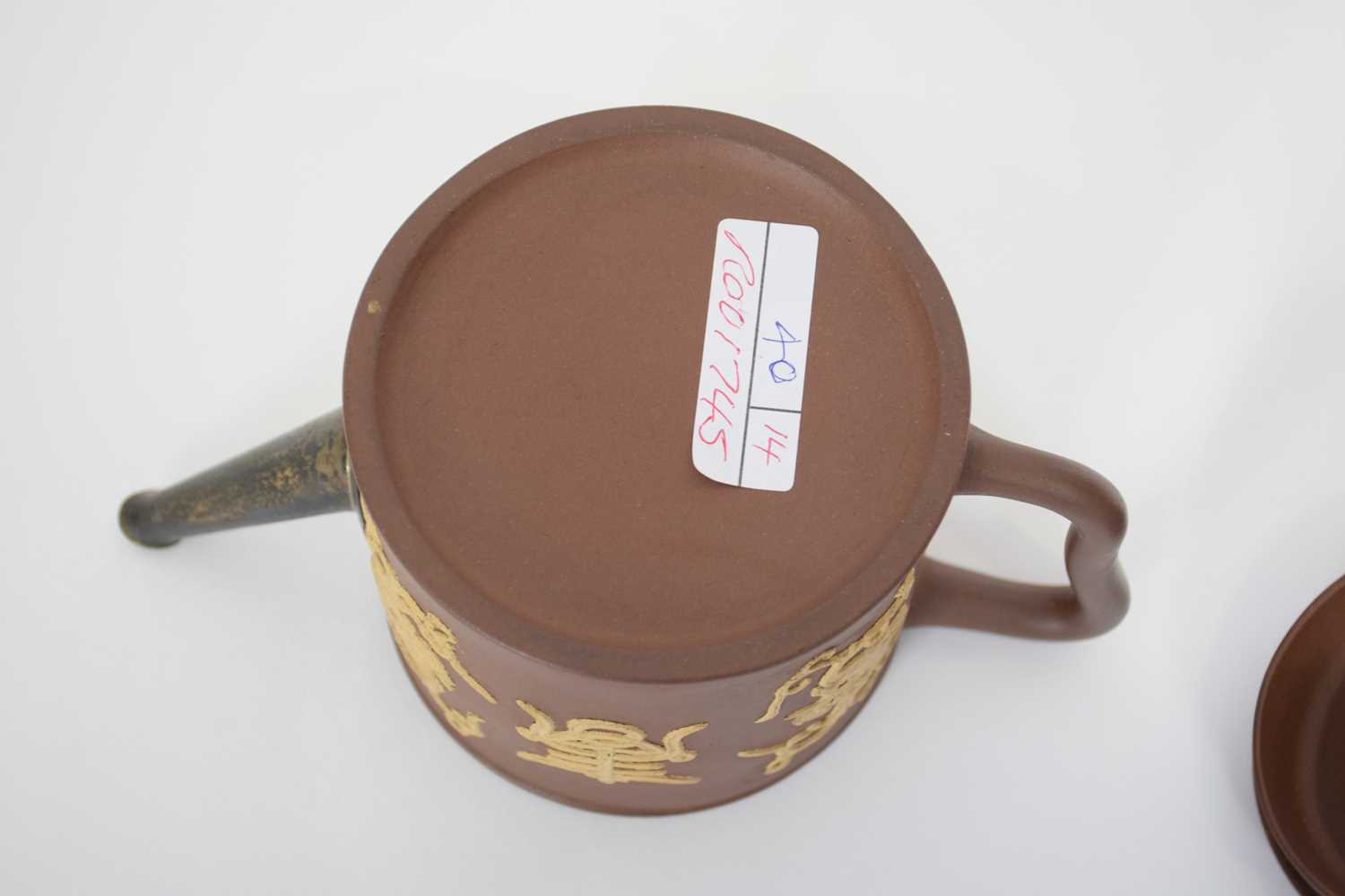 Chinese Yixing type tea pot with sprigged Chinese characters (replacement metal spout) - Image 2 of 7