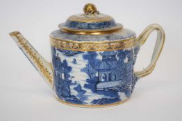 Late 18th century Chinese porcelain teapot with blue and white design and gilt overglaze