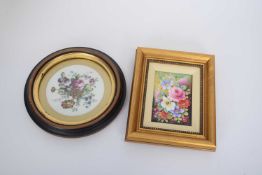 Small framed porcelain plaque painted with flowers together with a further plaque signed by J