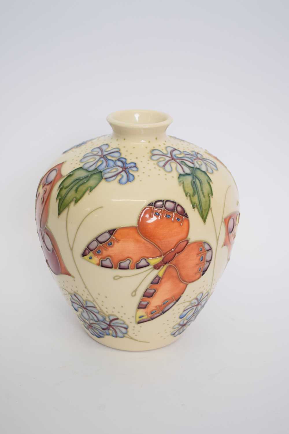 Moorcroft vase with tube lined design of butterflies on a pale beige ground - Image 5 of 6
