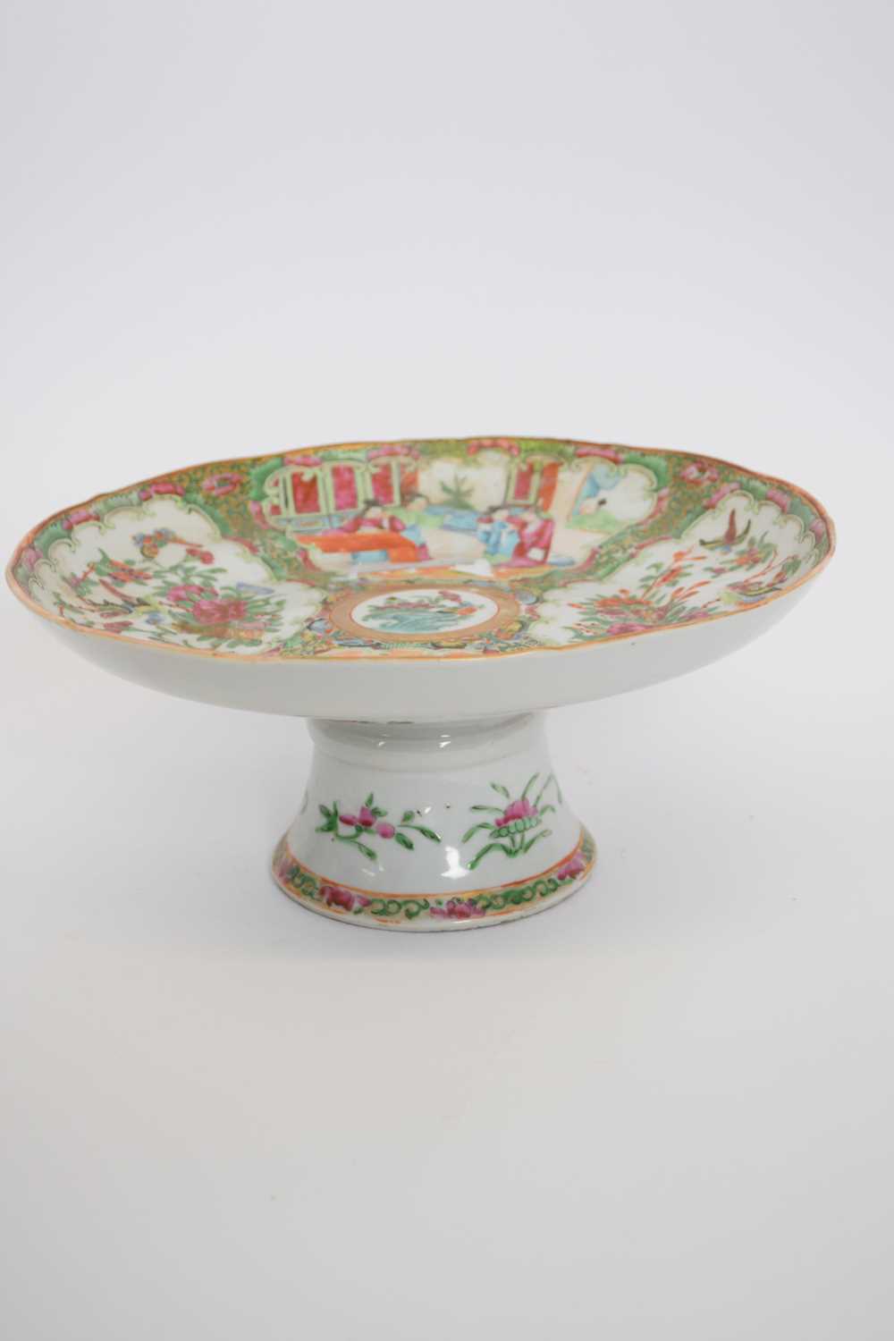 Cantonese porcelain tazza with typical designs of panels, figures, alternating with panels of - Image 6 of 8