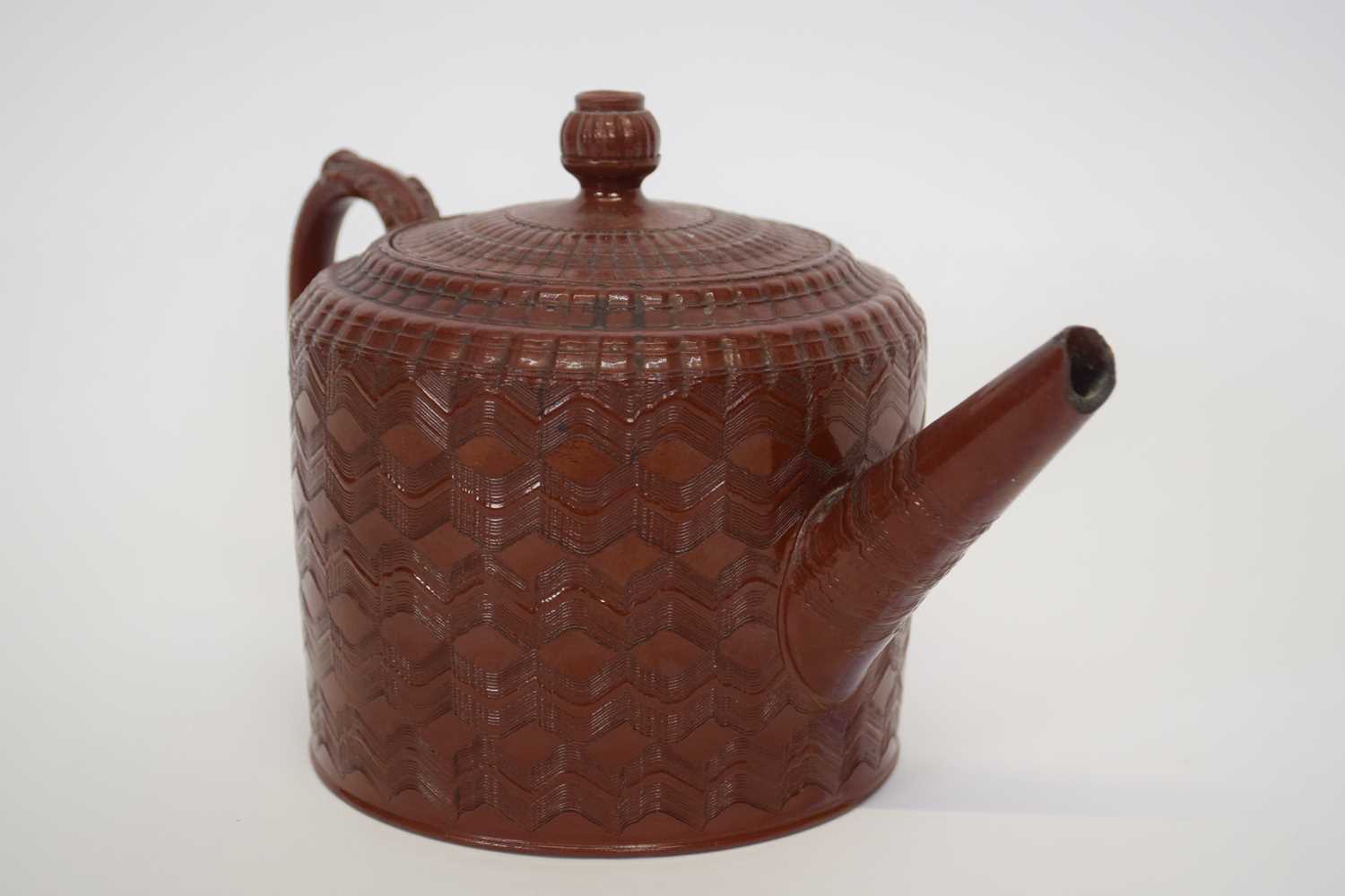 Interesting glazed red ware tea pot, possibly Miles Mason, (chips to spout) - Image 5 of 7