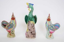 Group of Chinese animal models of a peacock and two chickens, all in polychrome colours (3), tallest