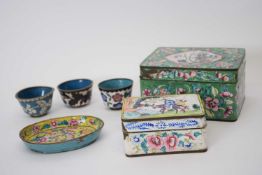 Quantity of Chinese enamel boxes and small dish, all with typical designs, together with three