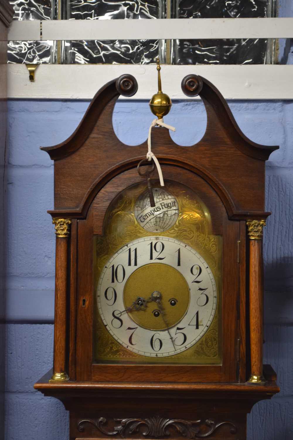 20th century Tempus Fugit longcase clock, the oak case with broken arch pediment and glazed trunk - Image 2 of 3