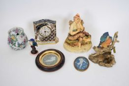 Group of china wares including Beswick model of a woodpecker, quartz clock, pottery model of an