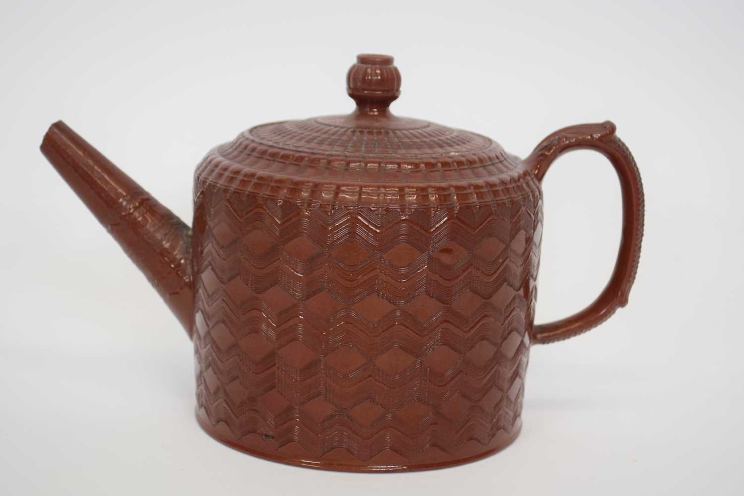 Interesting glazed red ware tea pot, possibly Miles Mason, (chips to spout)