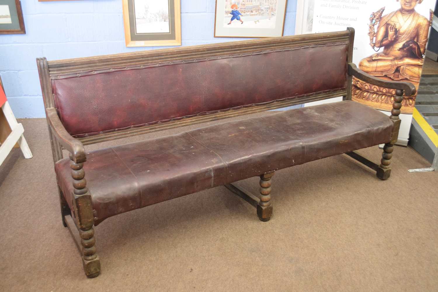 Victorian oak framed railway bench with upholstered seat and back, raised on bobbin turned legs, - Image 2 of 4