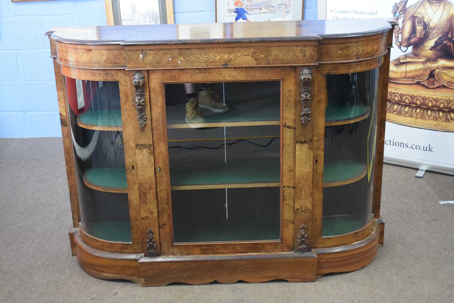 Victorian burr walnut veneered credenza cabinet with three glazed doors and applied mounts, raised