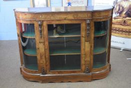 Victorian burr walnut veneered credenza cabinet with three glazed doors and applied mounts, raised