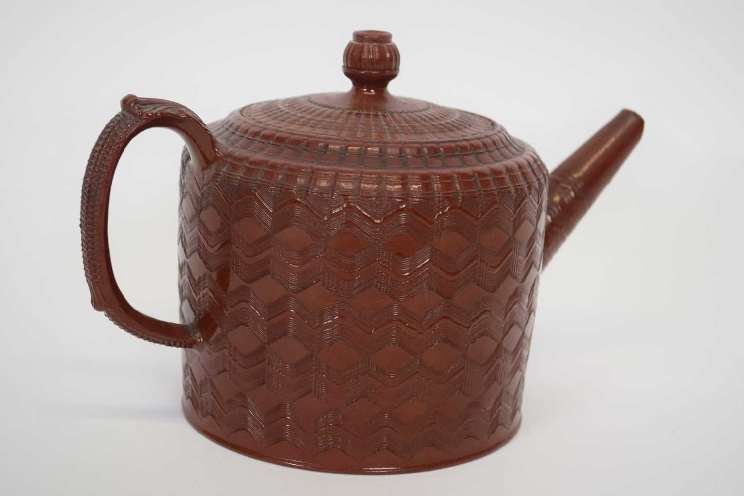 Interesting glazed red ware tea pot, possibly Miles Mason, (chips to spout) - Image 4 of 7