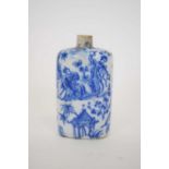 19th century pottery flask with blue and white design, 6cm high