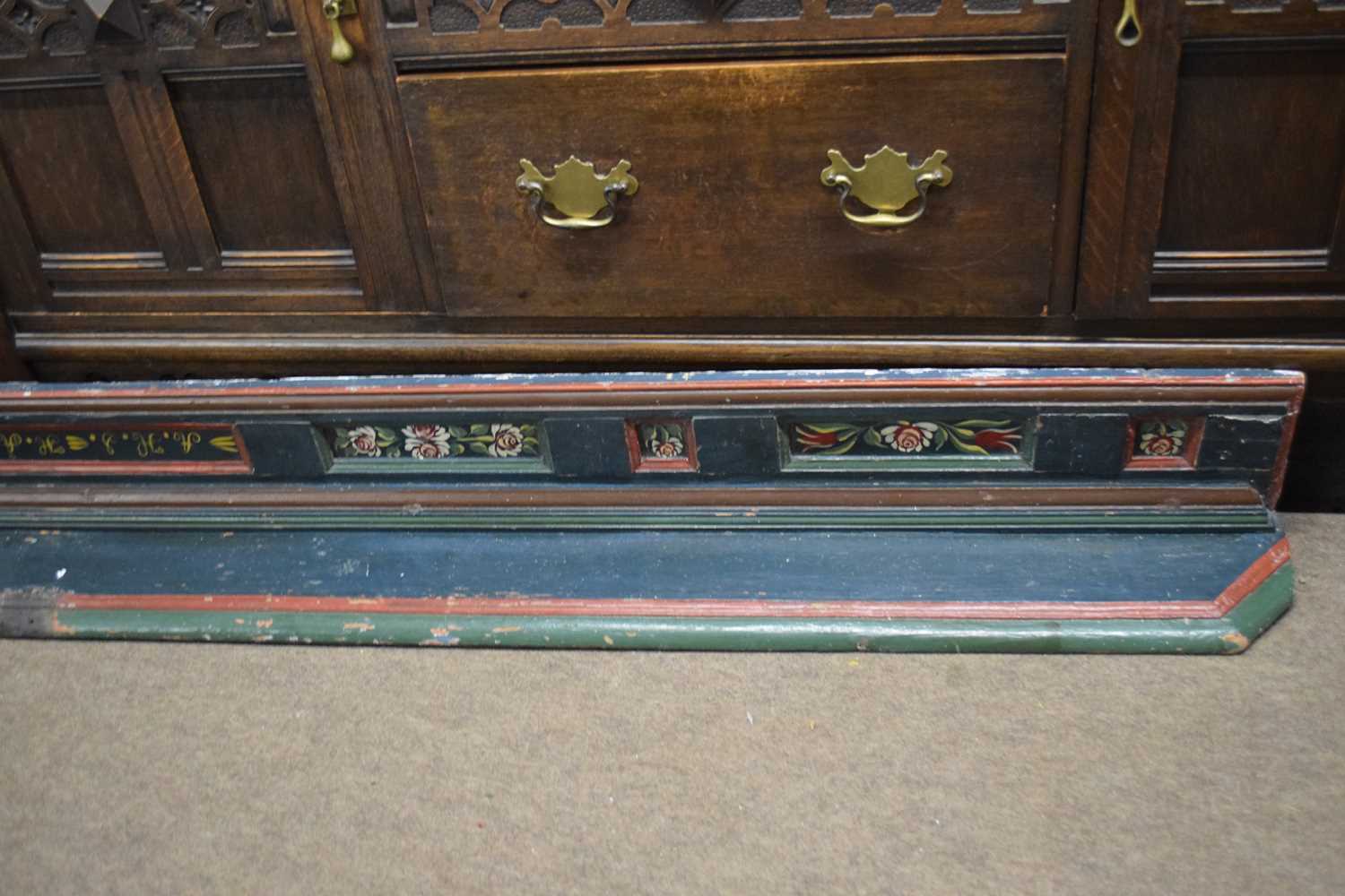 19th century Swedish folk art long painted wall shelf with bridal initials A.H.S and A.A.D dated - Image 2 of 3