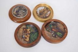 Quantity of porcelain plaques in wooden frames, two with kittens and puppies, two further in gilt