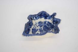 19th century pottery pickle dish with blue and white design, a Samson armorial cup, four tea bowls