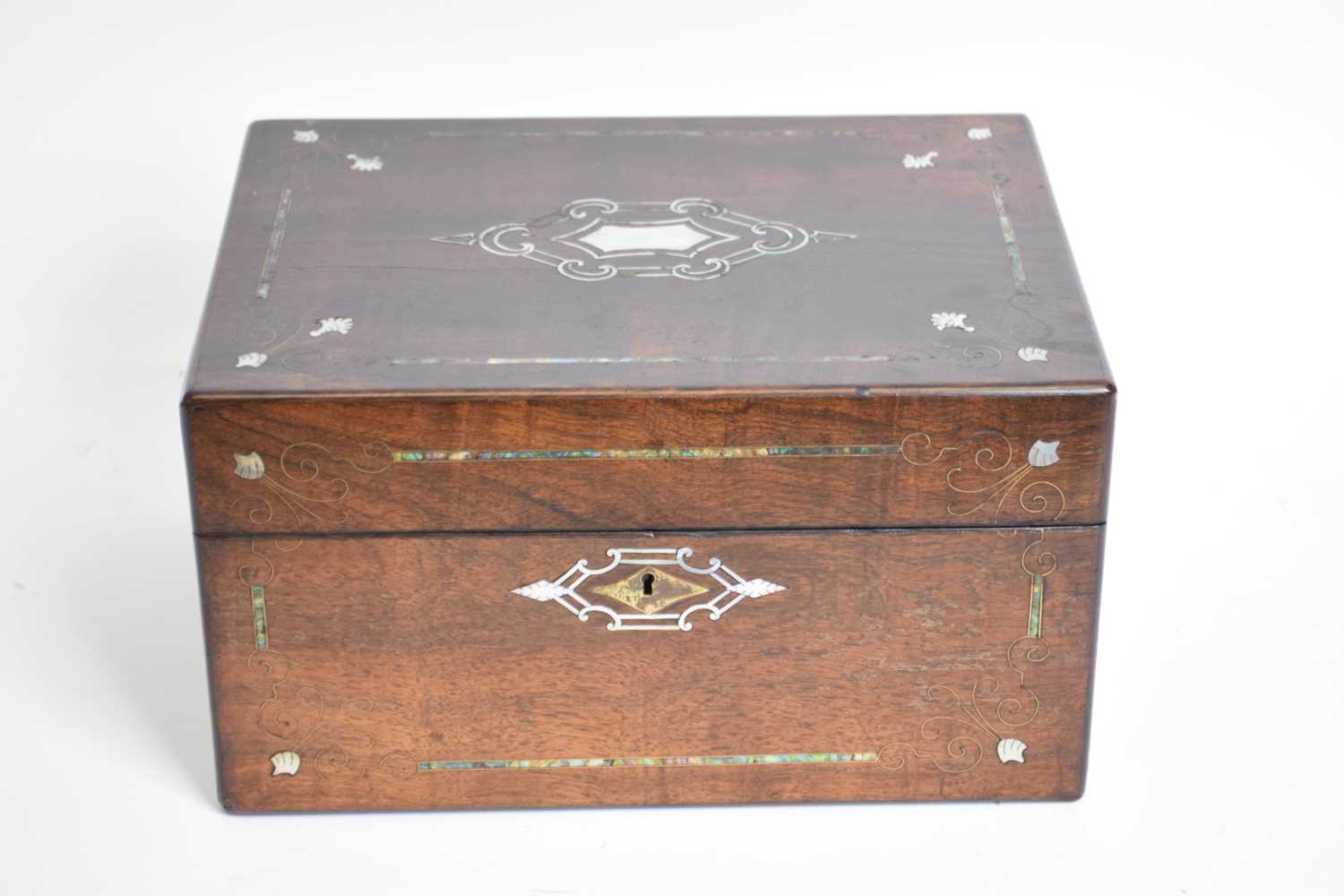 19th century rosewood veneered and mother of pearl inlaid vanity box, fitted interior, with