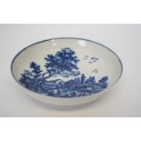 18th century Worcester blue and white saucer with a European landscape design, 12cm diam