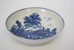18th century Worcester blue and white saucer with a European landscape design, 12cm diam