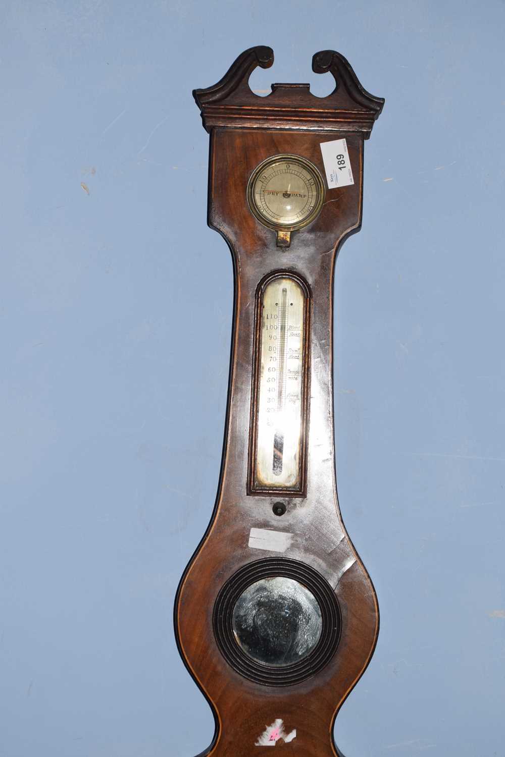 19th century mahogany cased barometer with broken arch pediment over a body with damp/dry meter, - Image 2 of 3