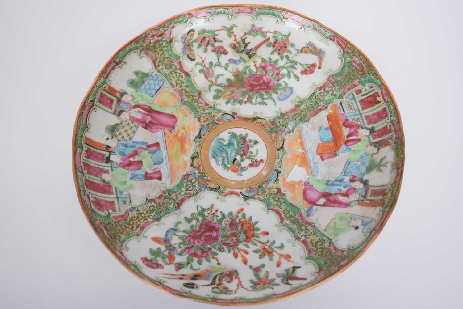 Cantonese porcelain tazza with typical designs of panels, figures, alternating with panels of - Image 7 of 8
