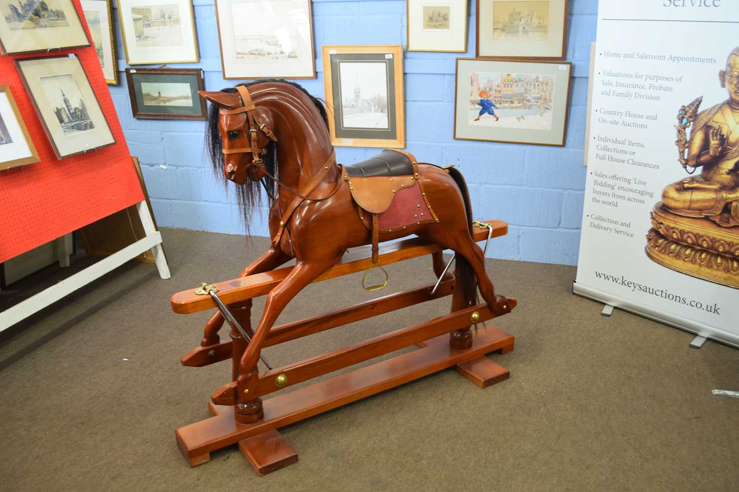 Contemporary hardwood rocking horse of traditional design raised on turned supports, 140cm long - Image 2 of 3