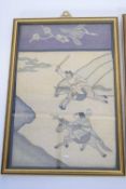 Pair of Oriental embroideries of warriors in gilt frames