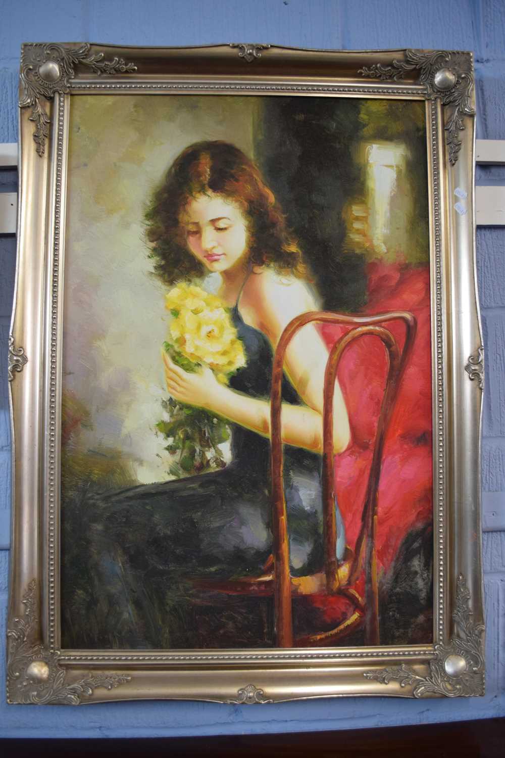 Ohne Rahmen, interior scene with lady with bunch of yellow roses, oil on board, set into a silver