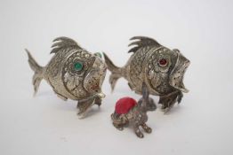 Pair of Spanish white metal pepperettes formed as fish, 6cm long, together with a further