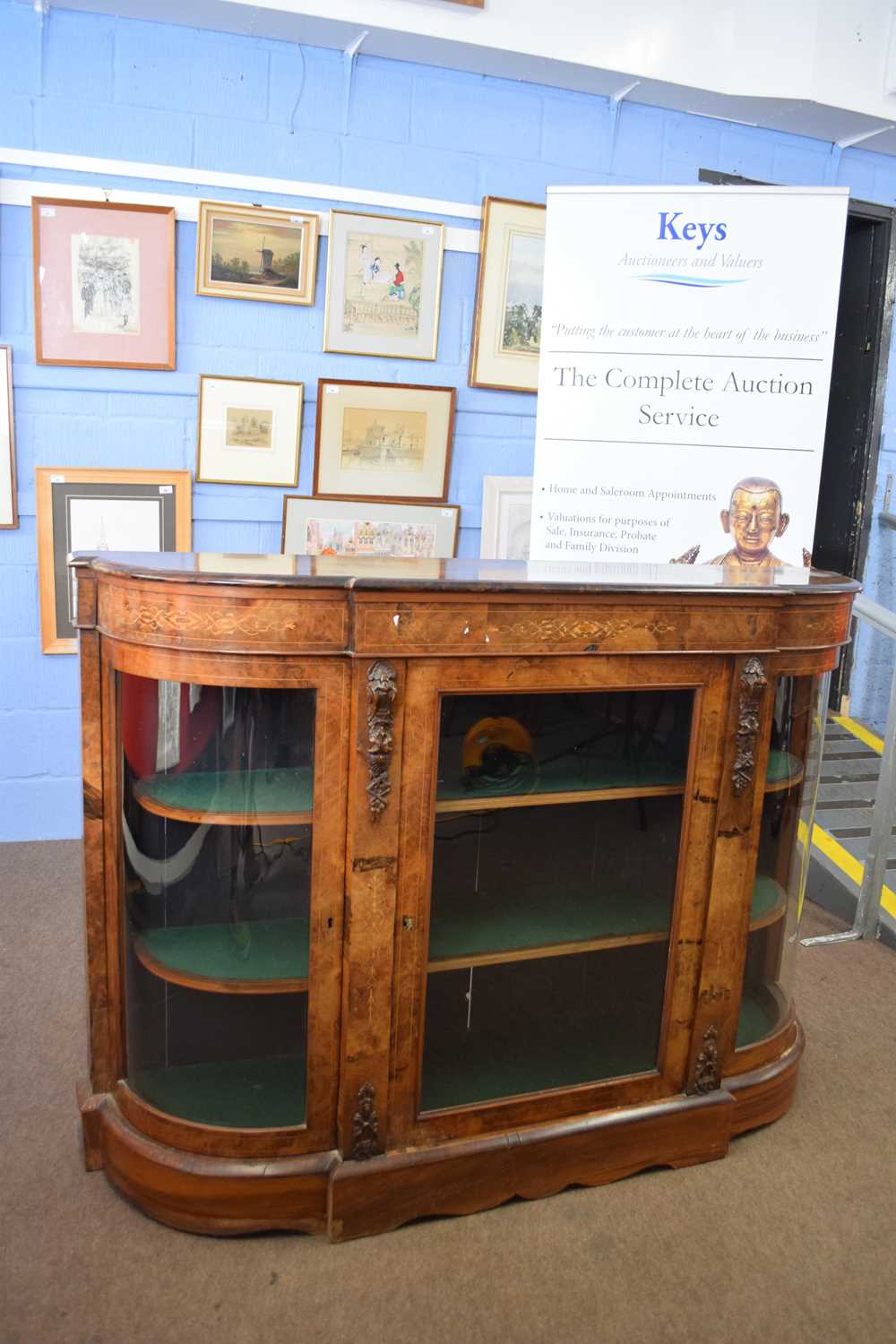 Victorian burr walnut veneered credenza cabinet with three glazed doors and applied mounts, raised - Image 3 of 4