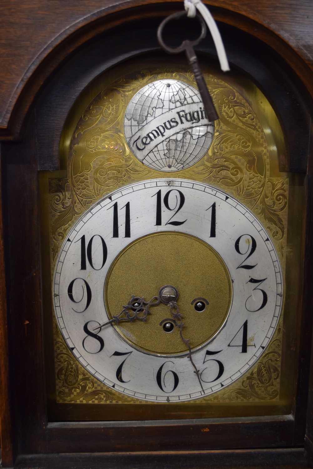 20th century Tempus Fugit longcase clock, the oak case with broken arch pediment and glazed trunk - Image 3 of 3