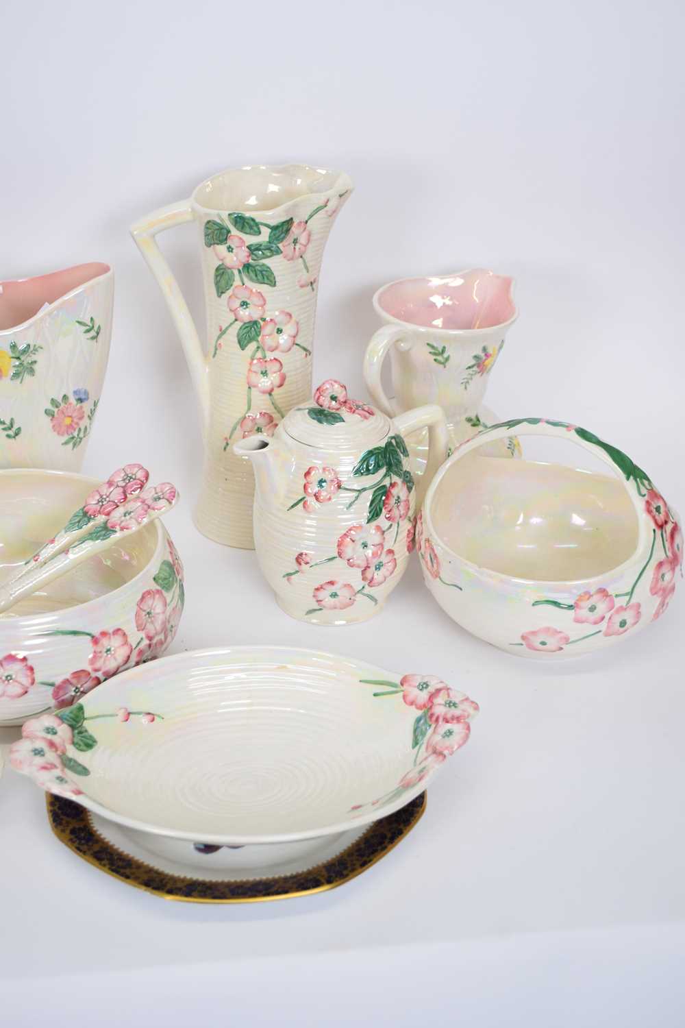 Group of Maling lustre wares decorated with peony including small candlesticks, salad set with - Image 3 of 3